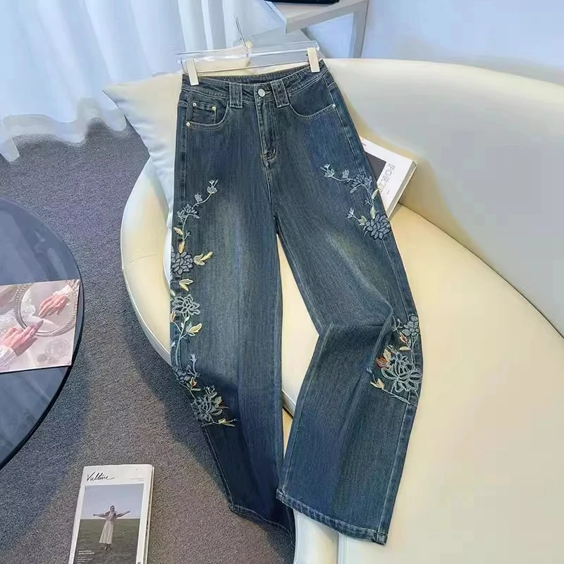 

Новые китайские узкие джинсы с вышивкой, женские прямые брюки с высокой талией, свободные утягивающие широкие брюки, осенняя мода