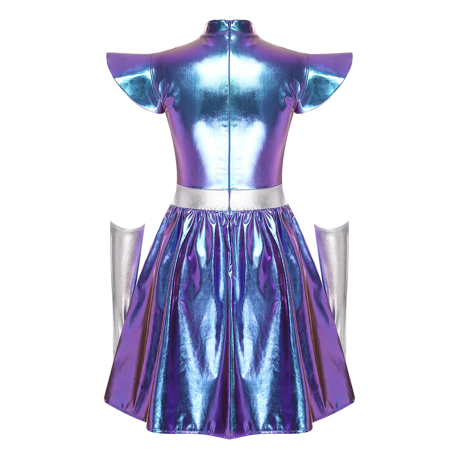 ชุดคอสเพลย์นักบินอวกาศหญิง ชุดเอเลี่ยน ชุดแฟนซีอวกาศ ผ้าเมทัลลิกเงาวาว พร้อมถุงมือ แผ่นรองไหล่ ทรงเอไลน์ ชุดหุ่นยนต์เอเลี่ยน