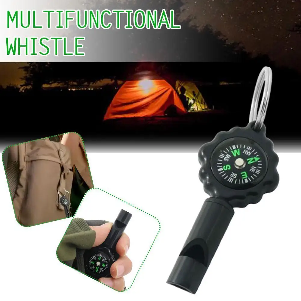 

Camping Hiking Outdoor Multifunctional Survival Whistle Flashlight Compass Thermometer Magnifier Reflector Magnifying Glass