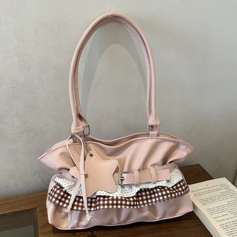 Korean Handbag Black Leather Shoulder Bag Crossbody, Tote Large Capacity Bucket Purse Belt, Design Motorcycle Style Women Travel 3