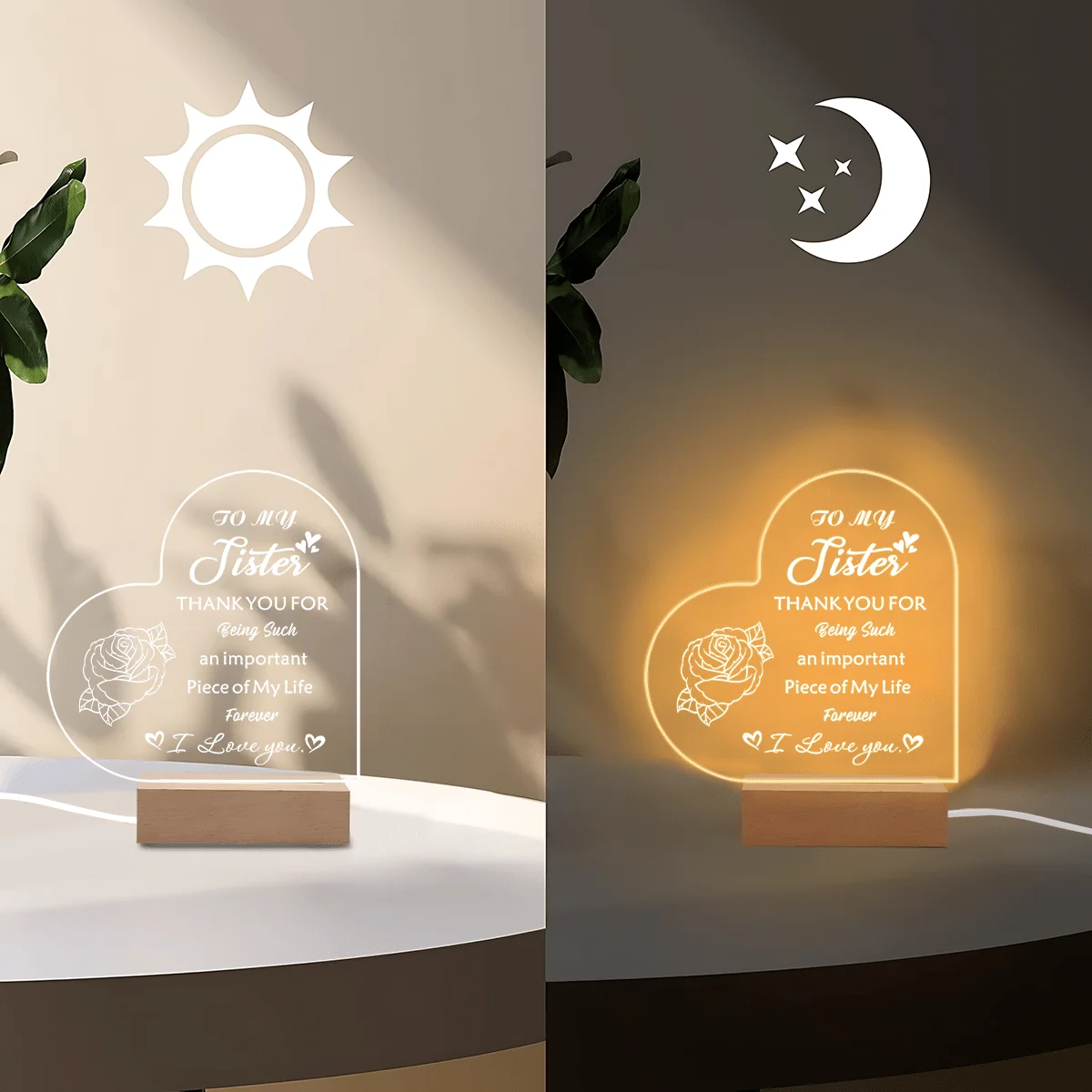 1 peça acessórios de fotografia de exibição luminosa acrílica, base USB, presente de irmã, estatuetas eu te amo