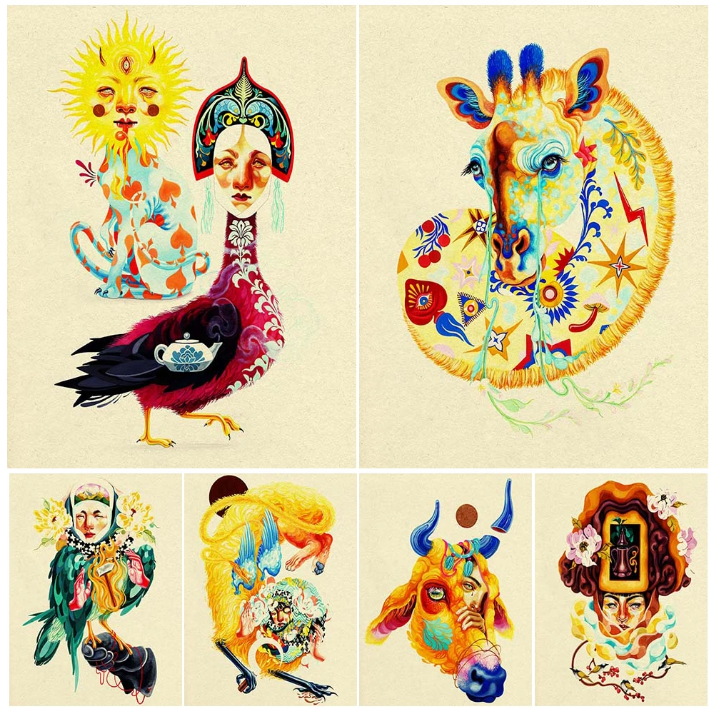 

Mysterious Natural Plants And Animals Abstract Wall Art Canvas Painting Creepy Magic Creature Art Vintage Poster And Print Decor