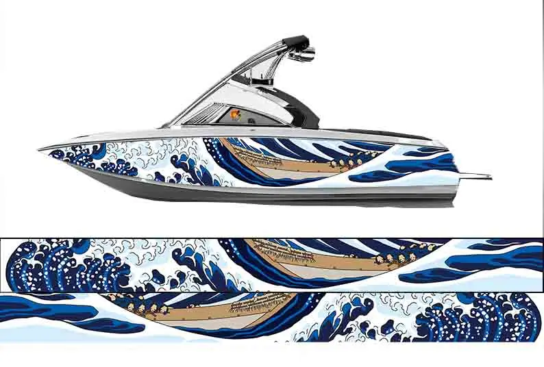 Blue Water Ripple Fishs Printing Fishbone Graphic Vinyl Waterproof Boat Wrap Decal Decoration Fits Any Boat Custom Image & Size