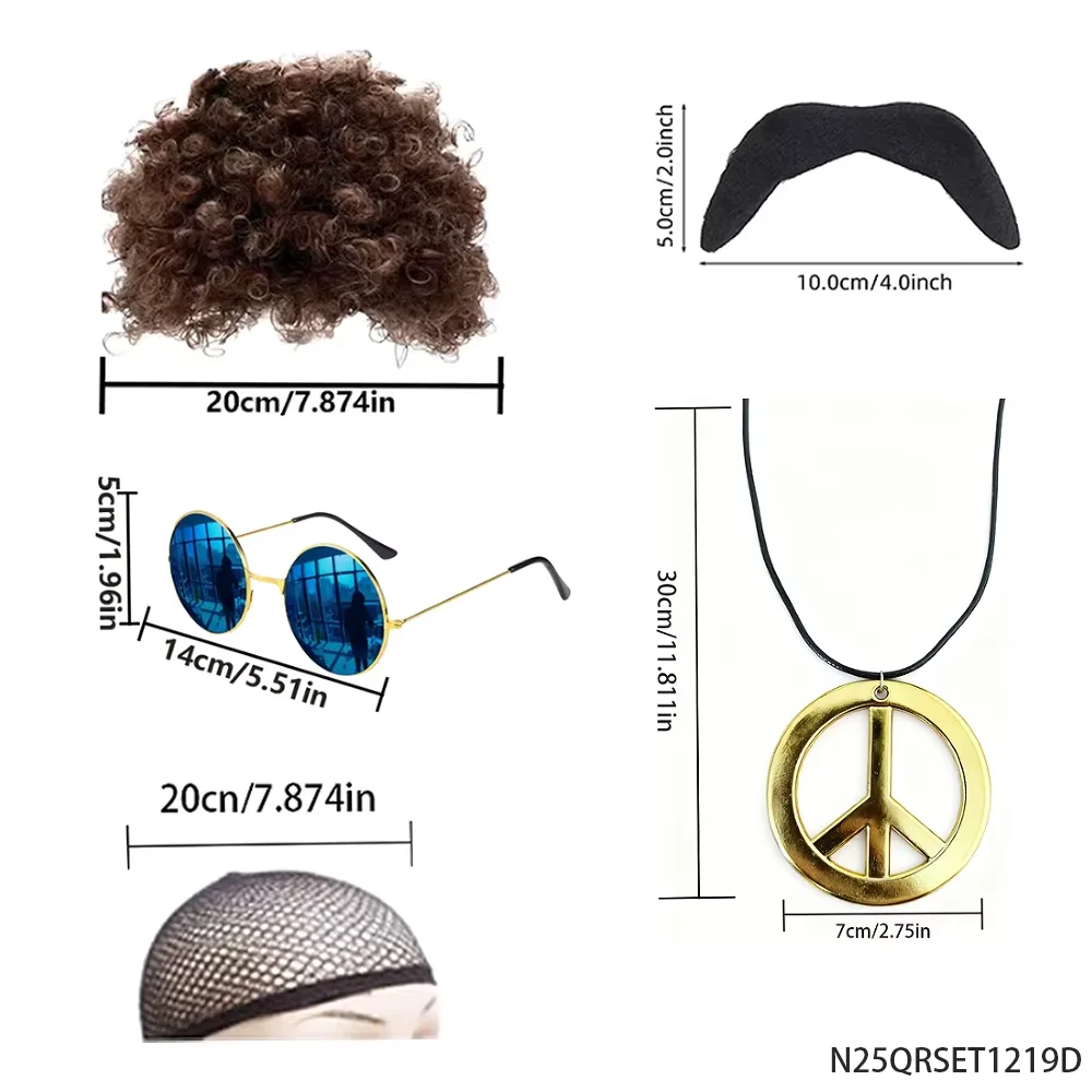ชุดคอสตูมเรโทรฮิปปี้ยุค 90 พร้อมวิกผมหยิก สร้อยคอสัญลักษณ์สันติภาพ แว่นกันแดด อุปกรณ์เสริมสำหรับงานปาร์ตี้