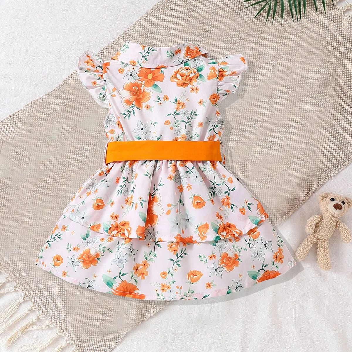 Baby Girl's Floral Green Leaf Print Dress with Orange Fly Sleeve Lapel And Belt Cute Infant Outfit