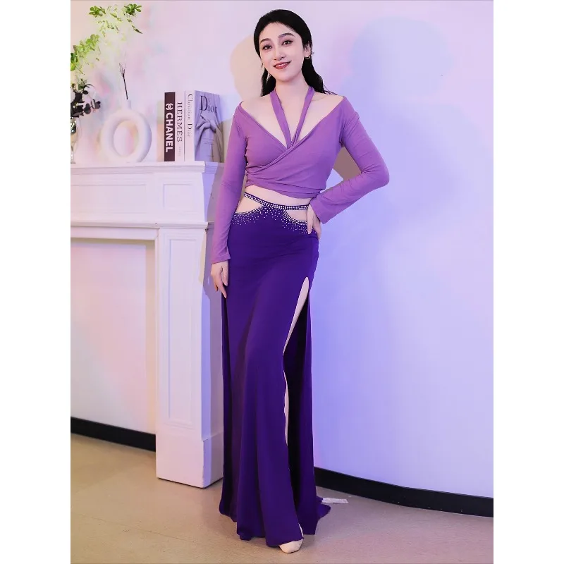 customized belly dance dress practice clothes contrasting color dance tops skirts performance costumes shiny long sleeved women