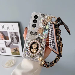 Pearl Relief Goddess Portrait Phone Case For Samsung Galaxy Z Fold 7 6 5 4 Rhinestone Crystal PC Cover With Chain Of Silk Scarve