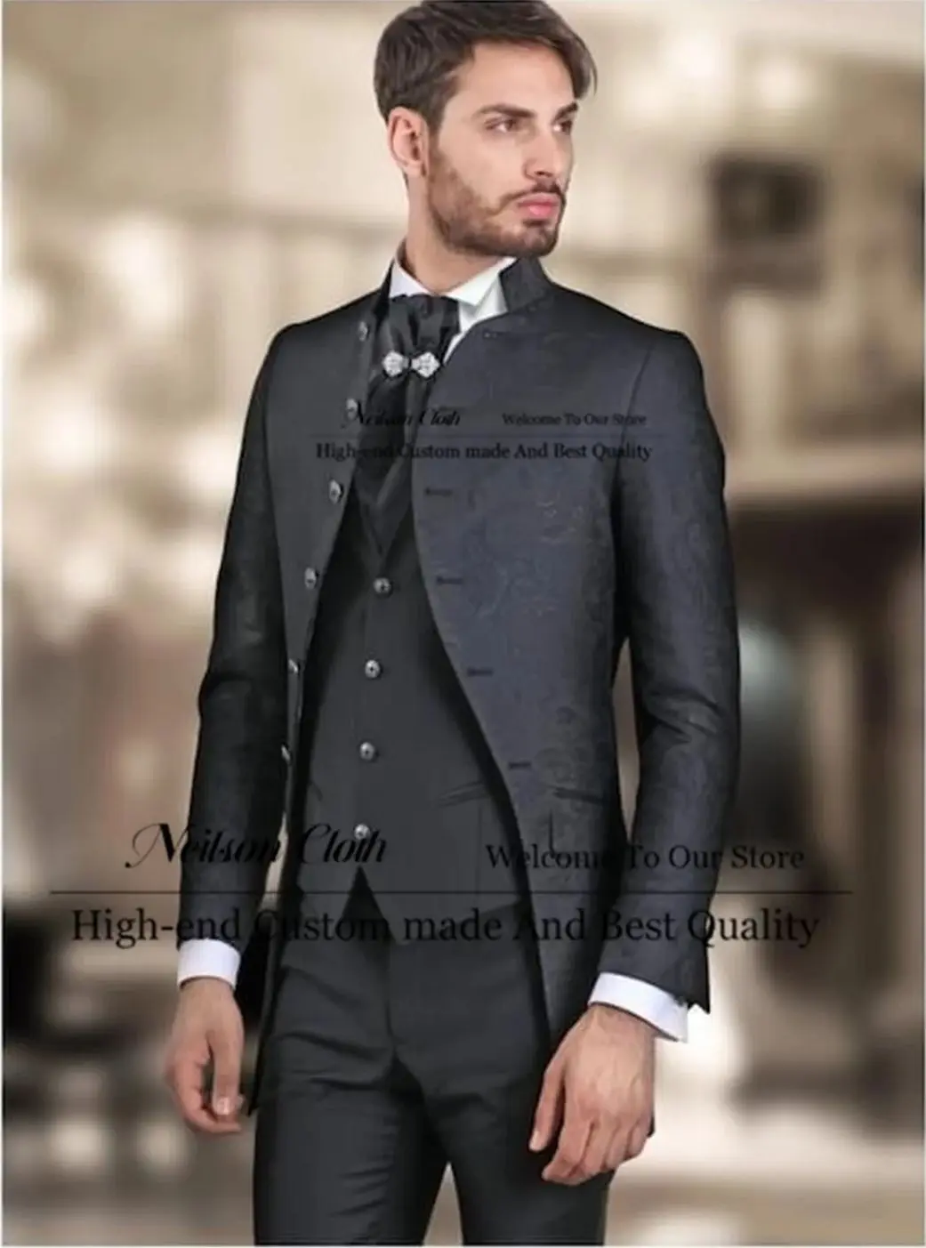 

Модные жаккардовые мужские пиджаки для выпускного вечера, комплекты из 3 предметов, черные свадебные смокинги для жениха, индивидуальные облегающие воротники-стойки Terno Masculino