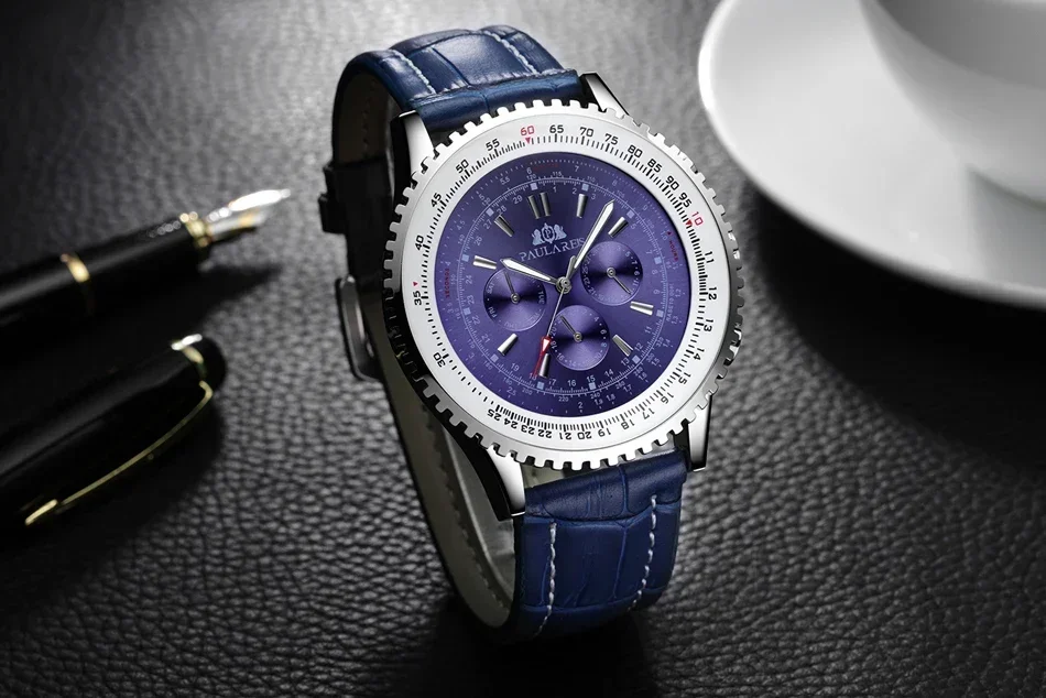 Automatic Mens Watch Self Wind Mechanical Movement Stainless Steel Black Brown Blue Leather Strap Sports Big 50mm Watches