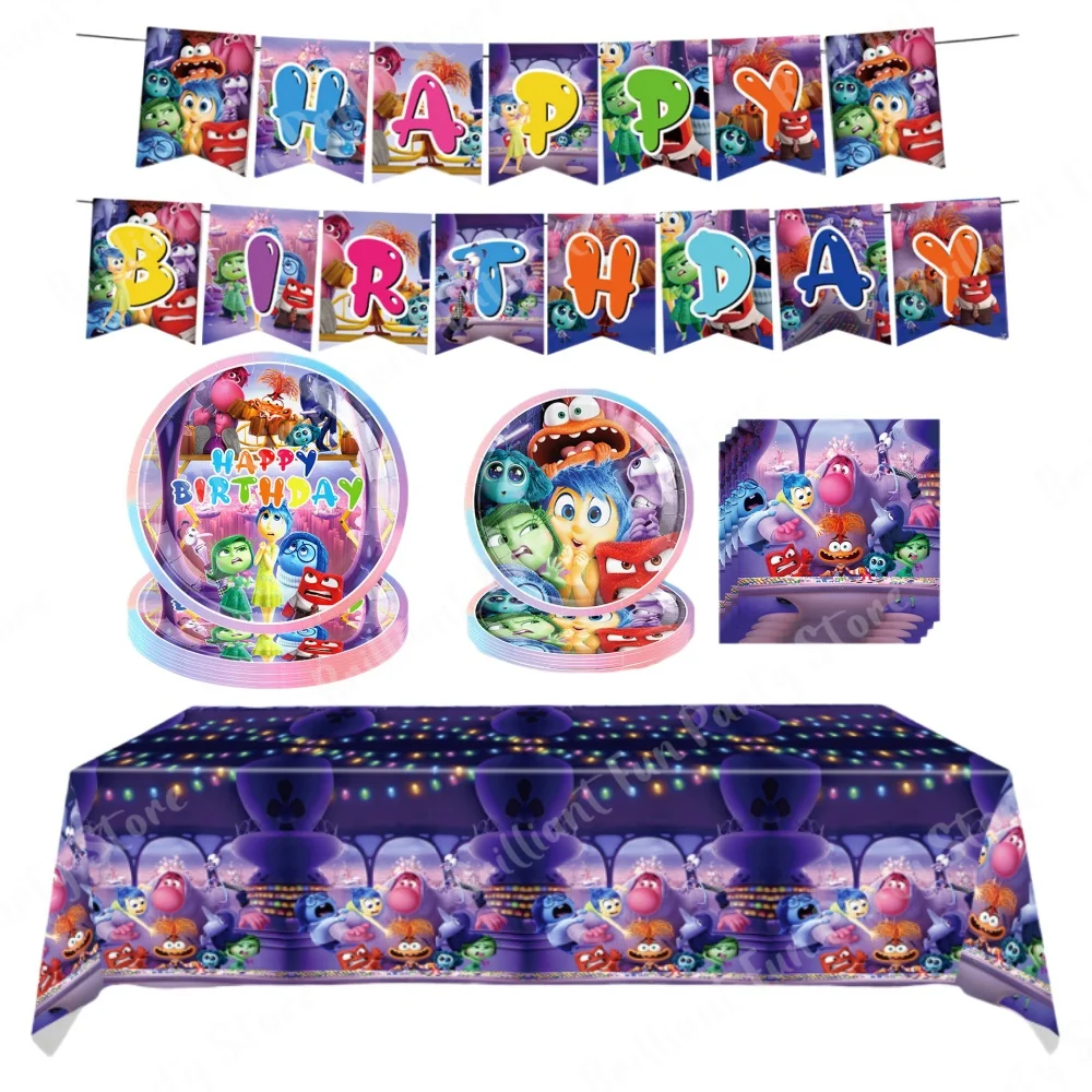 Disney Inside Out 2 Party Supplies Paper Tableware Tablecloth Plate Napkins Banner For Kids Baby Shower Birthday Decorations Set