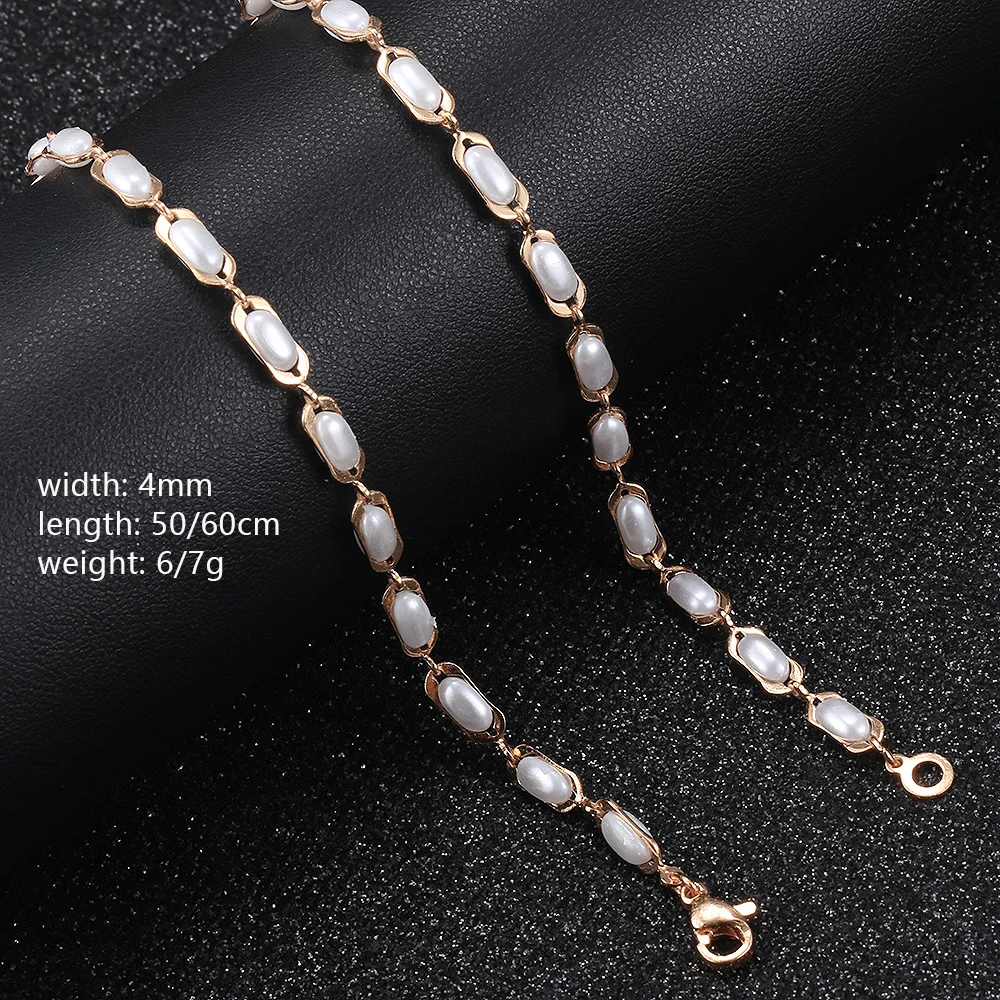 4mm White Pearl Necklace For Women Girls 585 Rose Gold Color Paperclip Link Chain Beaded Necklace Vintage Jewelry Gifts HCN55