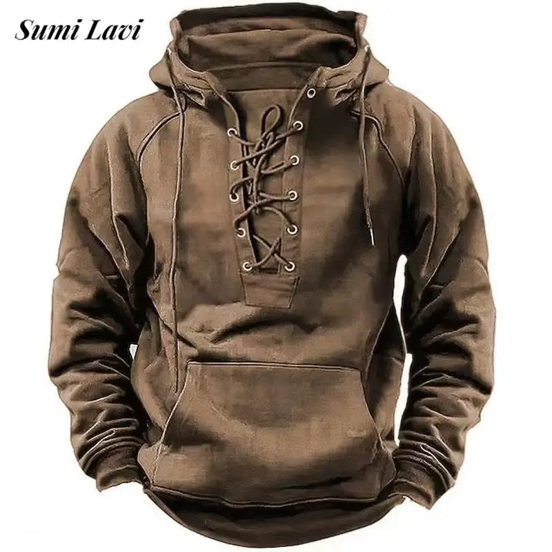 2024 Herfst Trendy Heren Sweatshirts Met Capuchon Lace-up Trekkoord Lange Mouw Losse Hoodies Mannen Streetwear Vintage Effen Kleur Hoodie