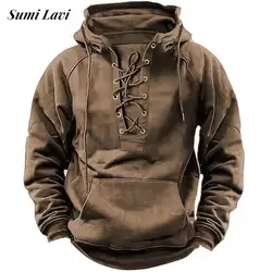 2024 Fall Trendy Mens Hooded Sweatshirts Lace-up Drawstring Long Sleeve Loose Hoodies Men Streetwear Vintage Solid Color Hoodie