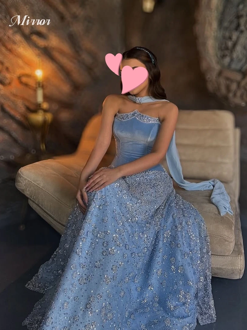 

Mirror Dress Elegant Vintage Sweet Blue Velvet Lace Beads Ribbon Customize Formal Occasion Prom Dress Evening Party Gowns