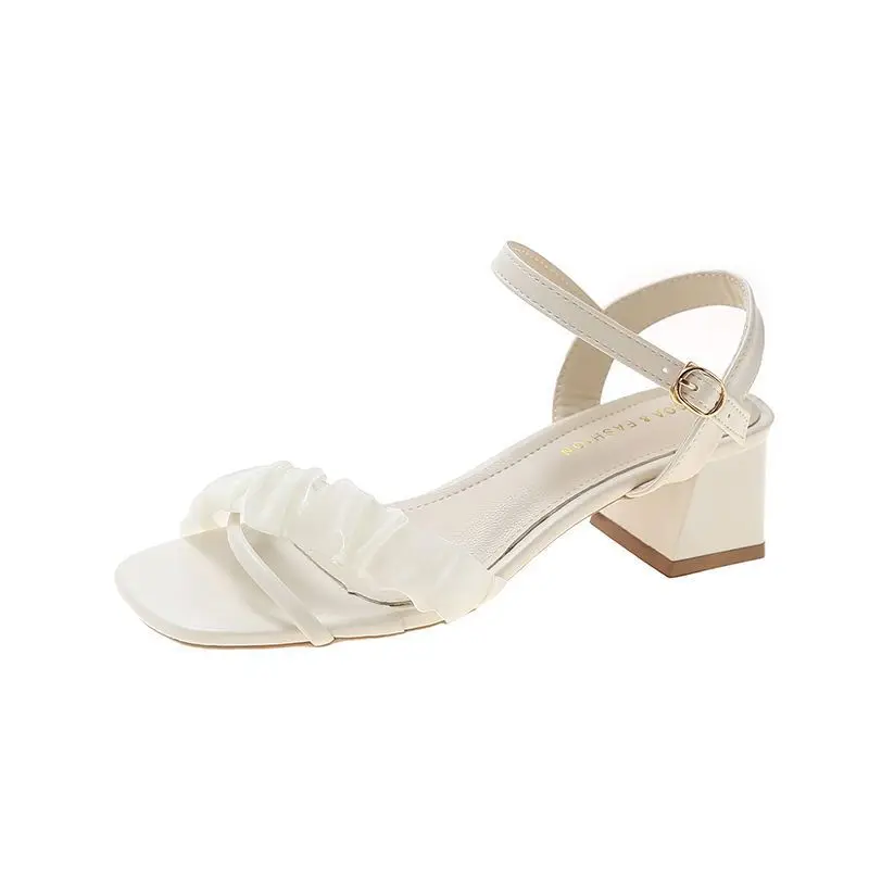 Sandali da donna delicati punta quadrata francese tacchi alti Beige albicocca tacco spesso scarpe eleganti da donna Open Toe Comfort sandali Casual