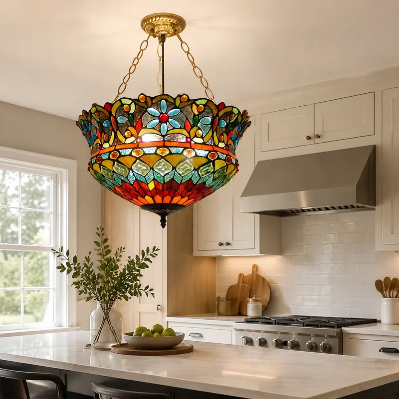 Vintage Stained Glass Floral Pendant Fixture Art Deco Style Multi Color Shade Dining Room Kitchen Island Hanging Pendant Lamp