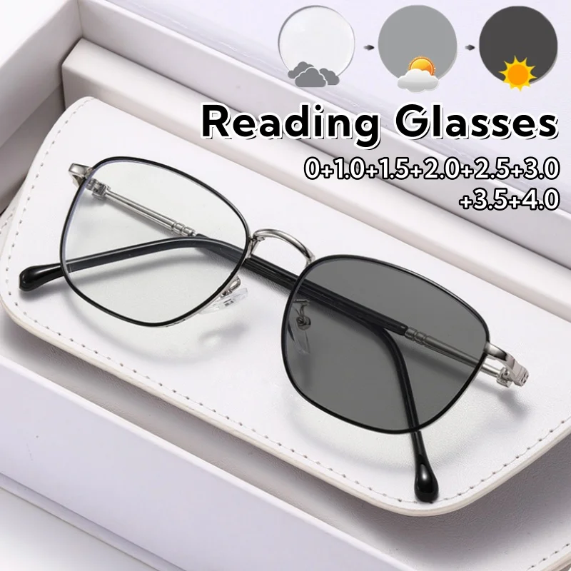 

Personalized Trend Round Framed Photochromic Reading Glasses Women and Men Comfortable HD Metal Anti-Blue Light Eyeglasses