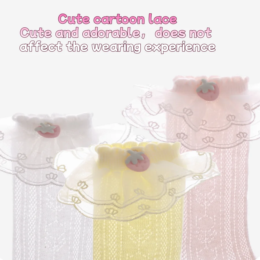 MuqiNush 1 paio di calze di pizzo per bambini, maglia estiva, cotone, traspirante, neonato, carino, fragola, pizzo lungo, dolce principessa
