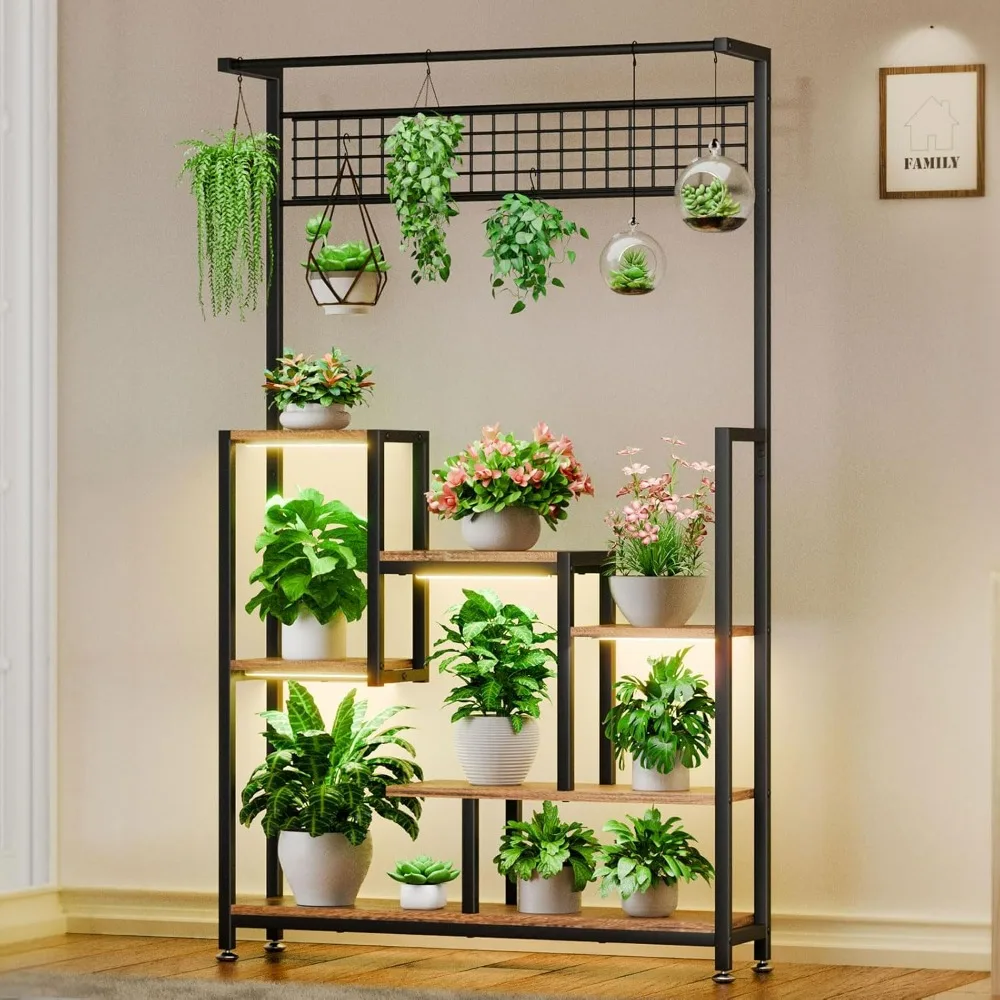 with Grow Lights, 6 Tiered Metal Plant Stand for Indoor , Square Flower Plant Holder for Living Room, Patio (Black)