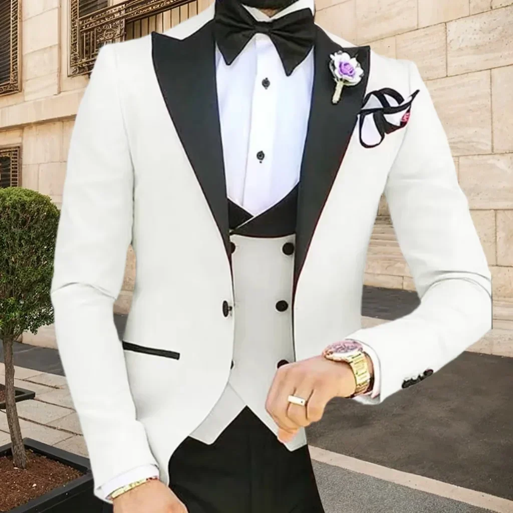 

Elegant Slim Fit Male Suit 3 Pieces Peak Lapel Blazer Vest And Pant Set for Wedding Evening Party Business Tuxedo