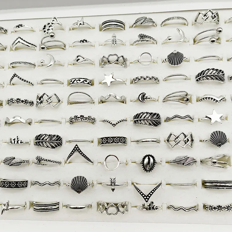 30 sztuk / partia Hurtownia Fabryka Vintage Shell Rzeźbione pierścionki z liśćmi dla kobiet Czarna emalia Duży kwiat Gwiazda Księżyc Biżuteria imprezowa Prezent — zdjęcie 3
