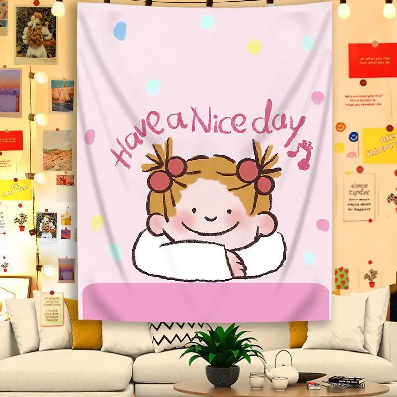 VIKAMA Cute Cartoon Girl Tapestry Wall Hanging Have a Nice Day Pastel Kawaii Aesthetic Wall Art Bedroom Dorm Room Decor