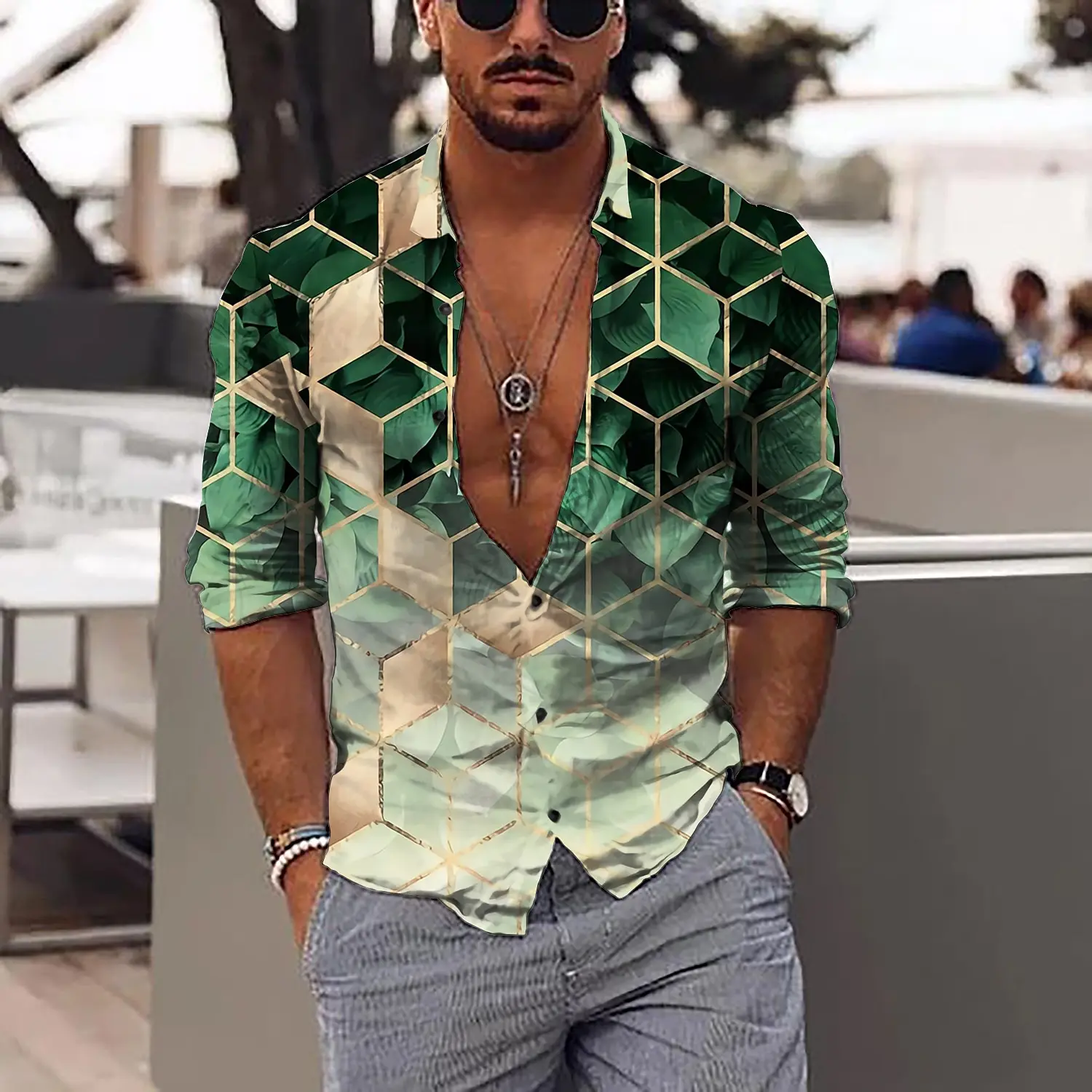 Men's Shirt Graphic Shirt Geometry 3D Print Outdoor Casual Long Sleeve Button-Down Apparel Fashion Designer Casual Comfortable