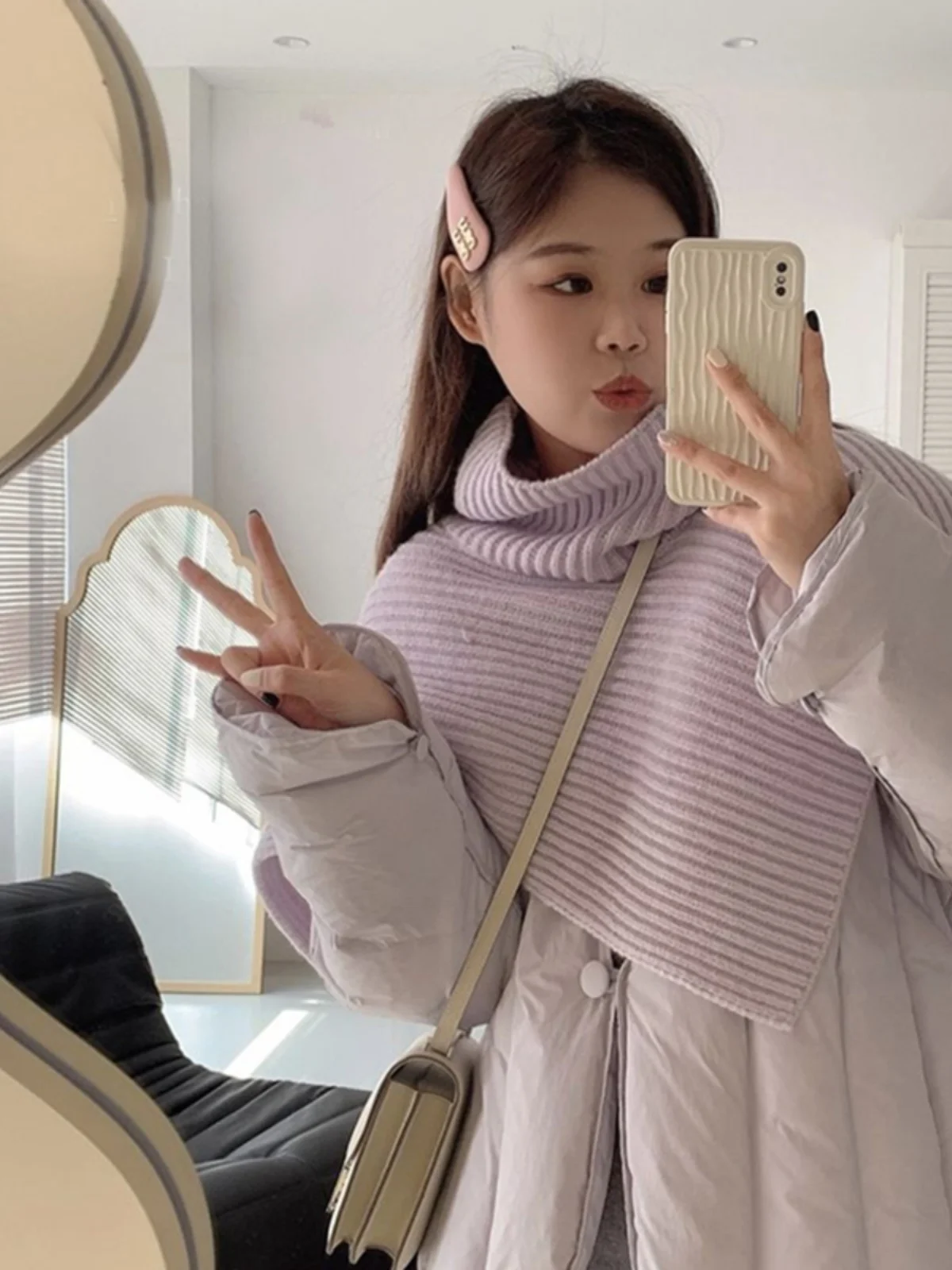 

Warmth Sweet Neckline Scarf Shoulder Purple Cotton Jacket Short Style High Collar Two Piece Set Commute Simple Loose Fit Long...