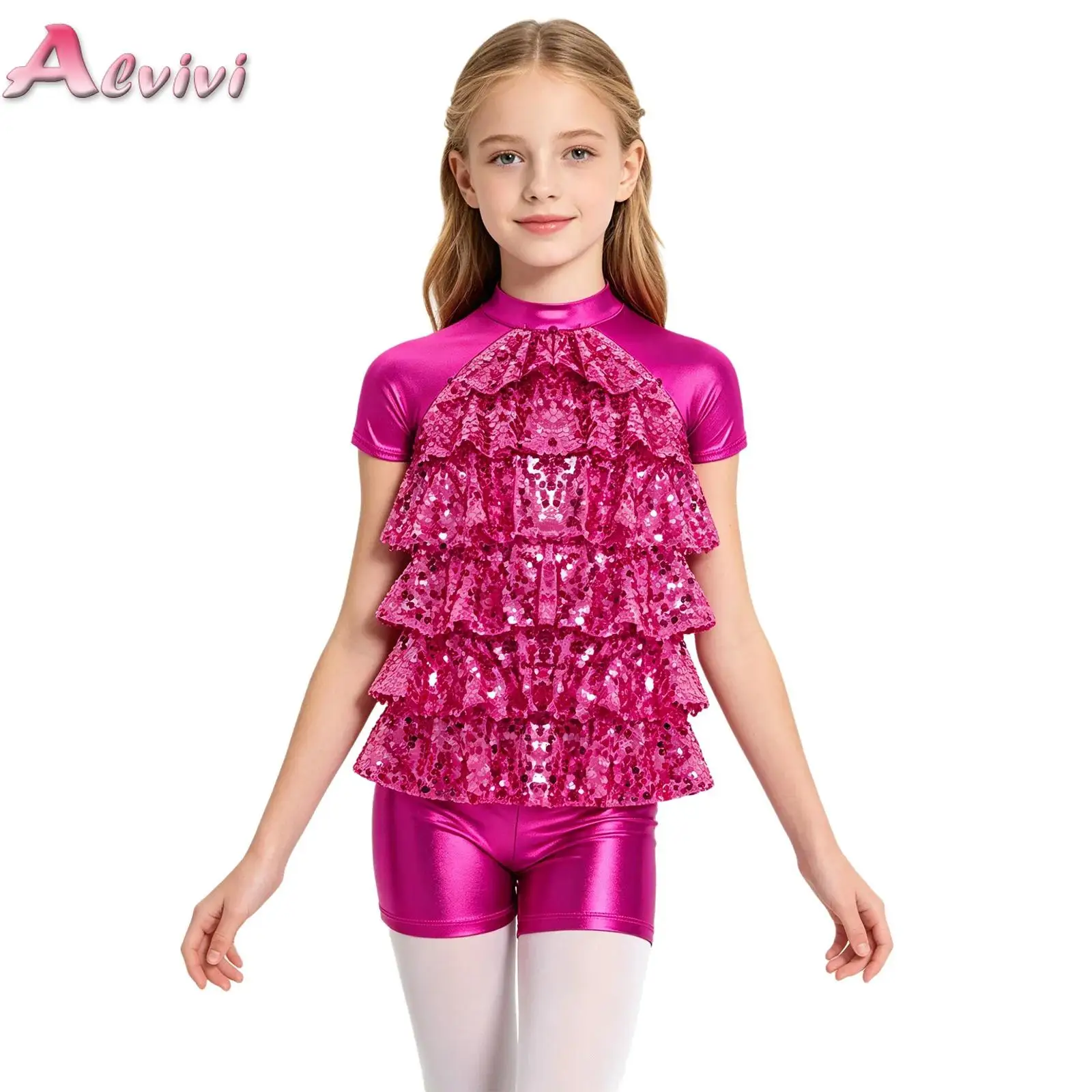 Kids Girls Jazz Dance Performance Costume Mock Neck Shiny Sequins Tiered Ruffle Cutout Back Top with Metallic Shorts Outfits