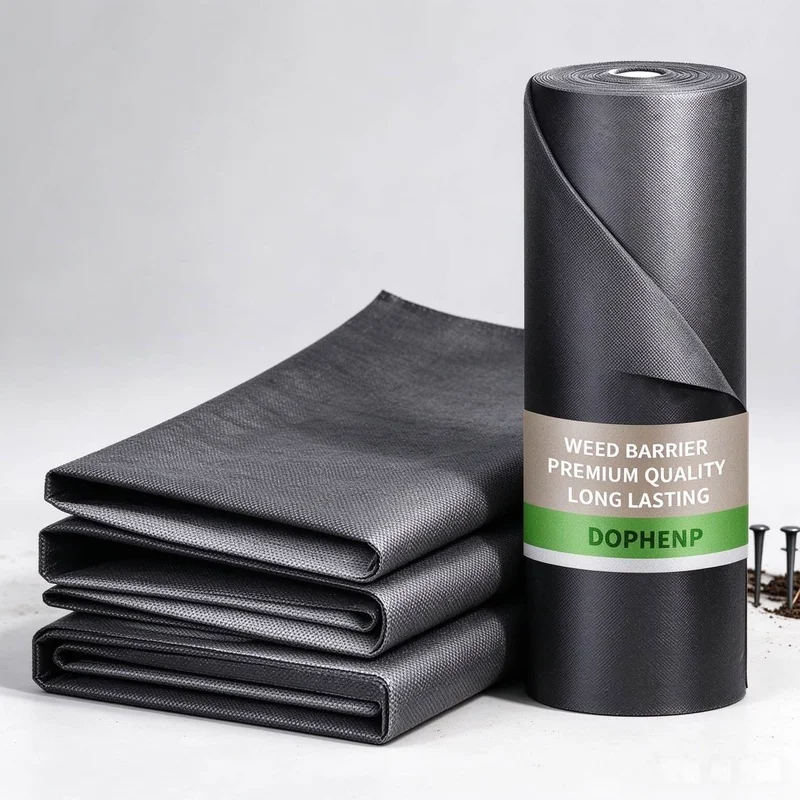Heavy-duty weed control fabric for gardens, orchards, and patios; durable, non-woven gardening ground cover; easy to install; we