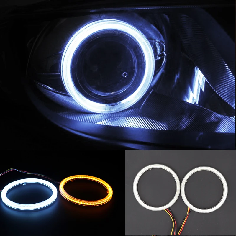 Niscarda 2x 80mm Driving White Turn Signal Yellow LED Angle Eyes Halo Rings Switchback Light Car Headlight Auto Lamp