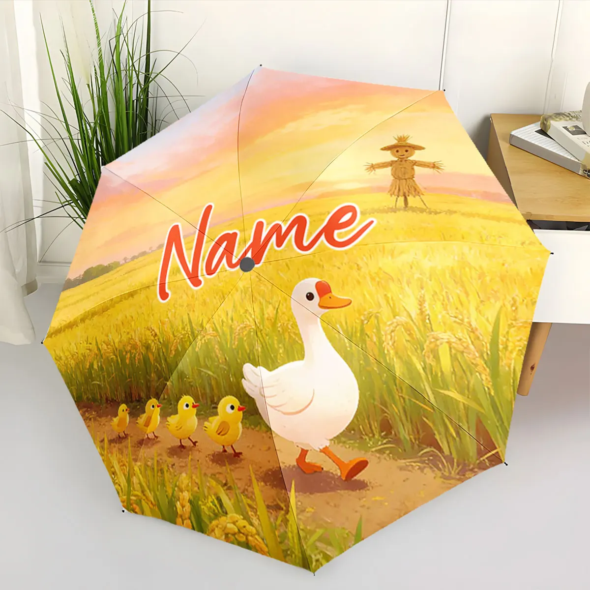 Custom Name Umbrella Charming Duck Family in a Wheat Field Print 8 Iron Ribs Folding Umbrella Auto-Open Fashion Sunshade