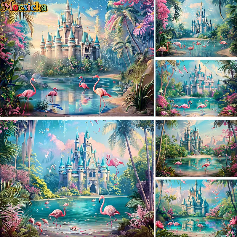 

Mocsicka Photography Background Summer Tropical Jungle Castle Flamingo Decor Baby Shower Kids Portrait Backdrop Photo Studio