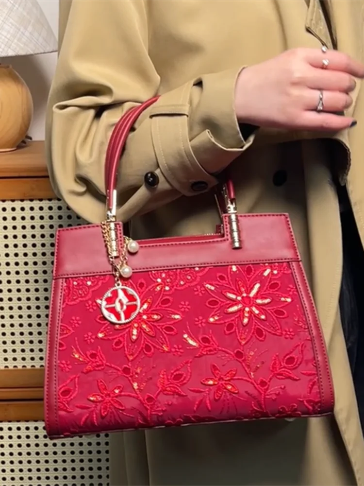 

Ele Red Embroidered Leather Handbag Large Capaci Wedding Bag for Women Faionable Mommy Sle Handbag with Zipper