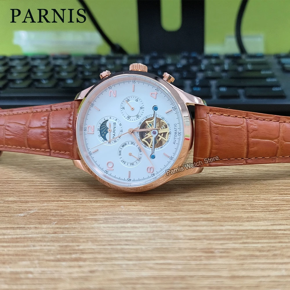 Parnis 43mm White Dial Rose Gold Automatic Movement Commander Watch Power Reserve Indicator