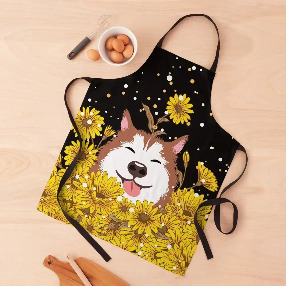 

Red Siberian Husky Dog and Sunflowers Apron Barista Customizable Kitchens For Men Apron