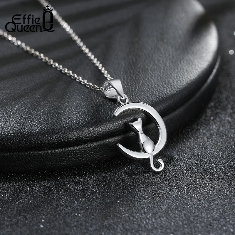 EFFIE QUEEN Delicate 925 Sterling Silver Cute Mooncat Pendant Necklace for Women Elegant Jewelry Animal Necklaces Present SN271