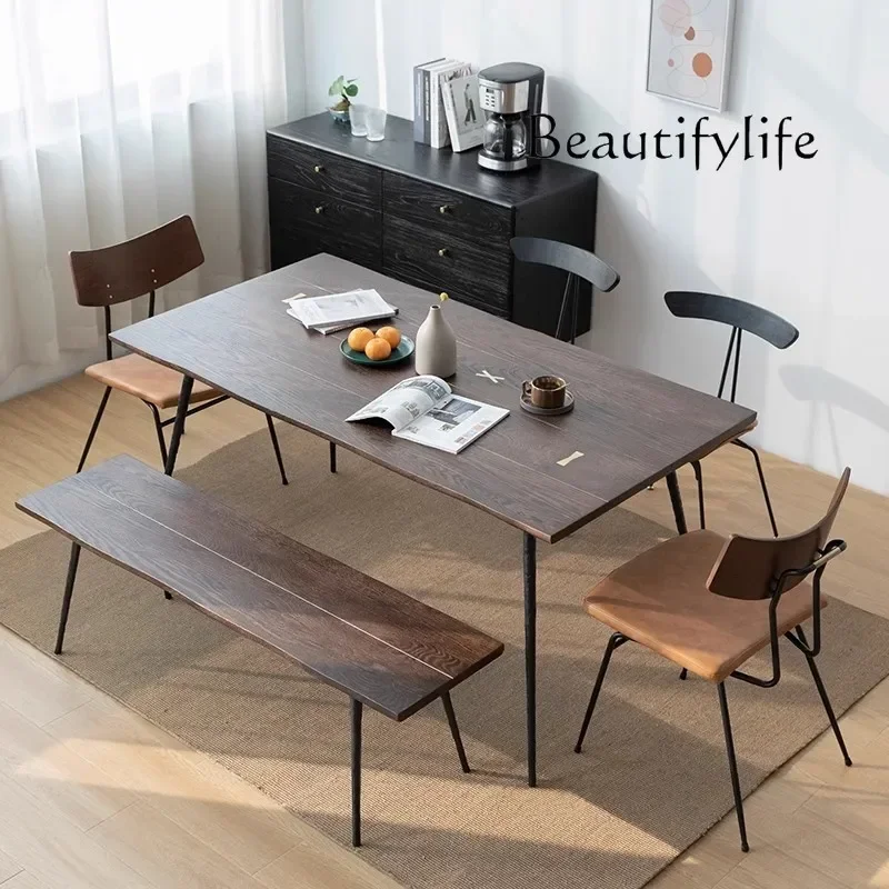 Q  Retro solid wood dining table Nordic wrought iron rectangular dining table Modern minimalist light luxury oak dining table an