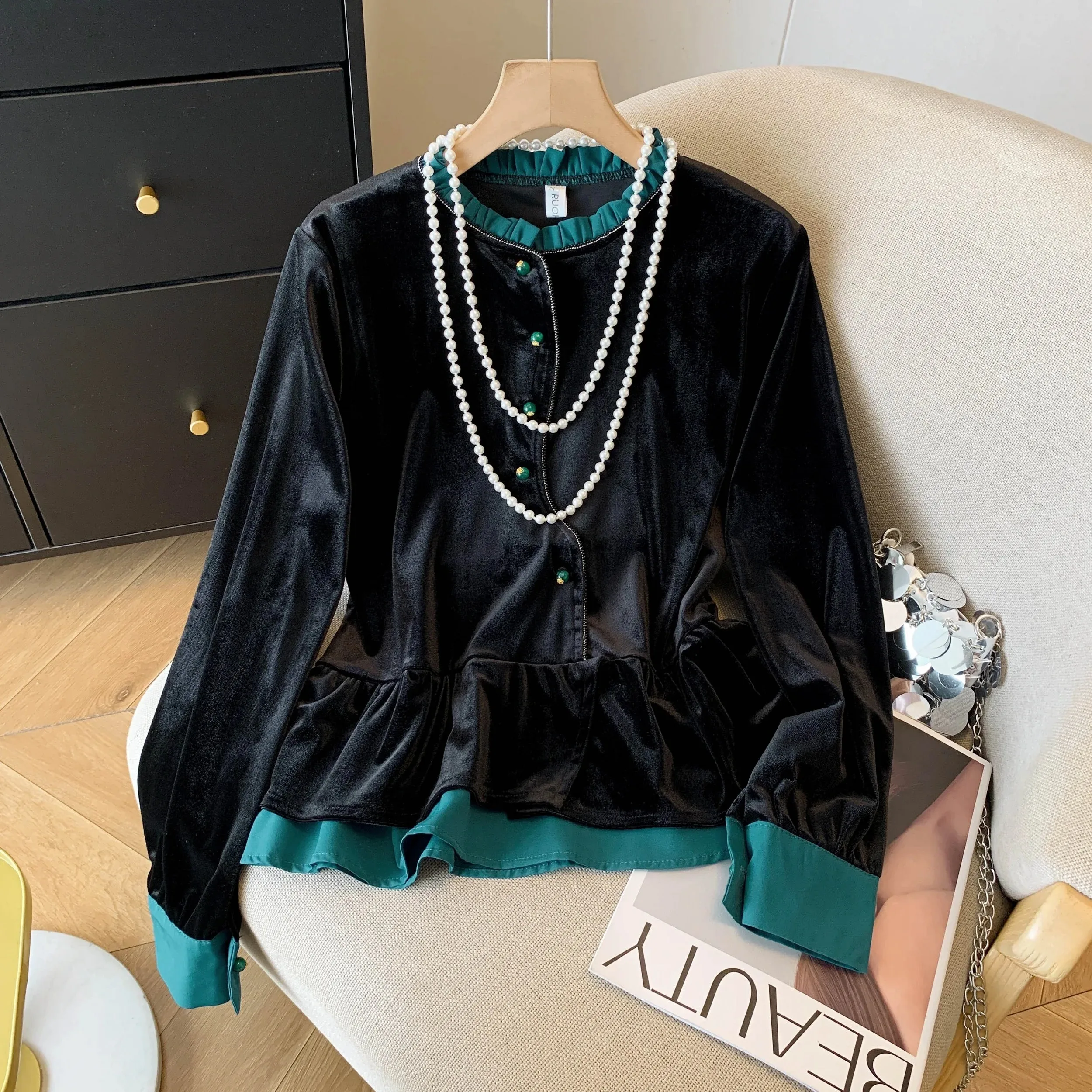 Chinese Style Chi-pao Collar Design Black Velvet Tops New Year 2024 Spring Women Date Girls Button Slit Shirt Blouse Vintage