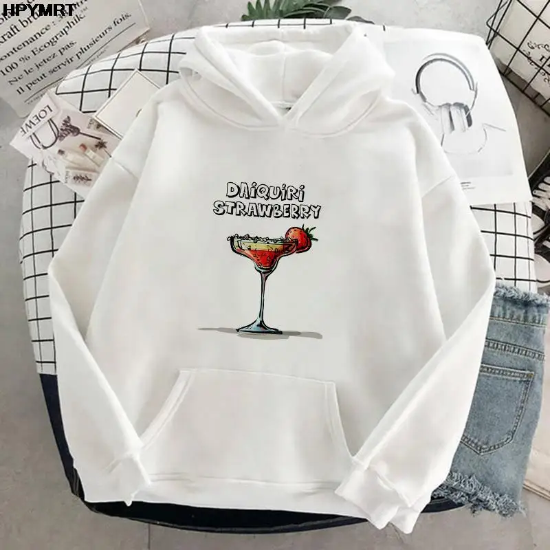 

Women Spring Autumn street Fashion Strawberry Daiquiri Prints Cartoon graphics hoodie loose Breathable Casual pocket Hooded Tops