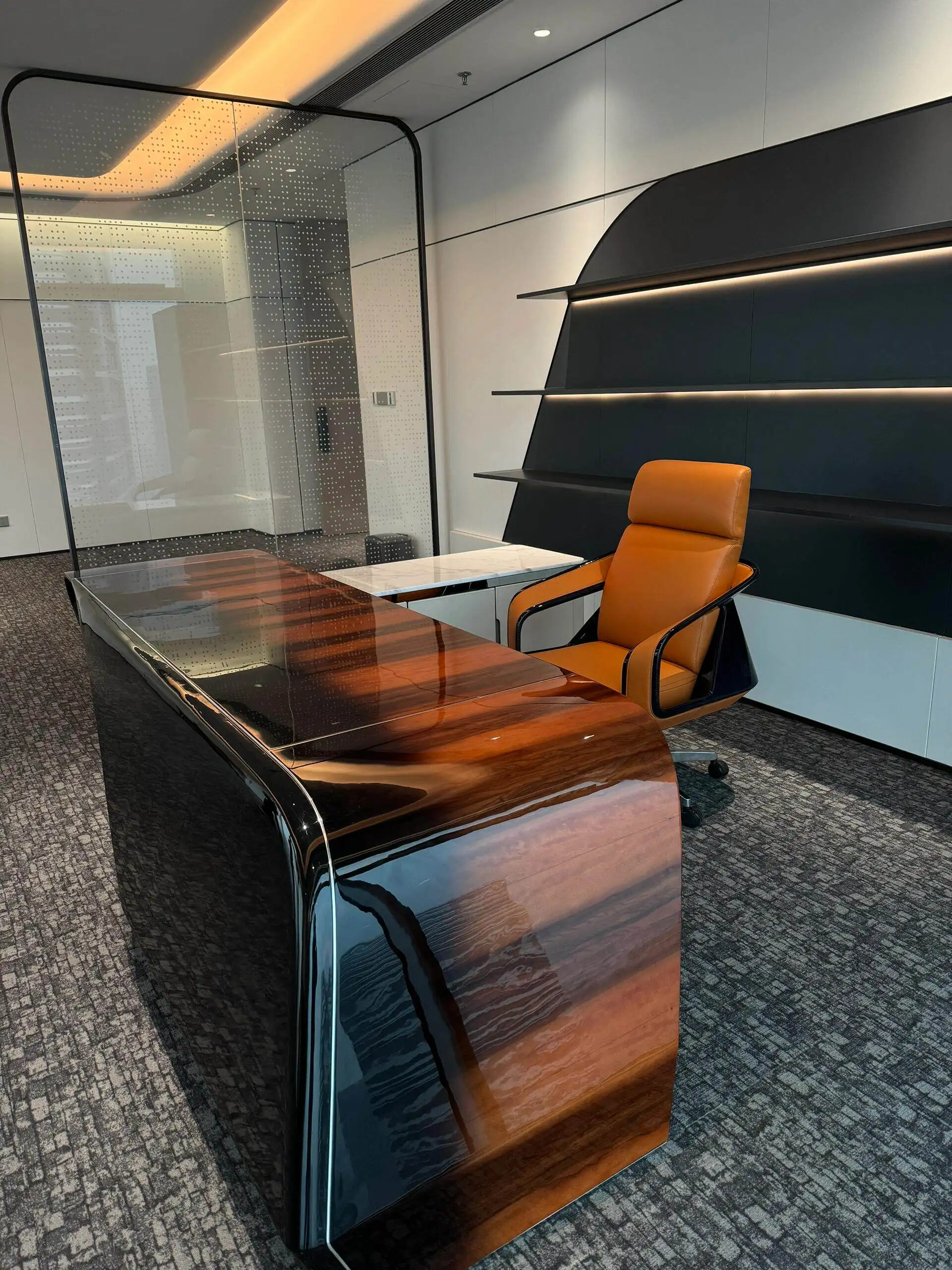 Modern Italian Luxury Executive Desk, Asymmetrical Shape, High-Gloss Lacquer Finish, Premium Office Desk for CEO, Manager Desk