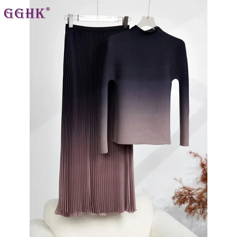 GGHK Miyake Pleated 2024 New Women Suit Gradient Color High Neck Long Sleeve Top + Retro Design Elegant A-Line Half-Body Skirt