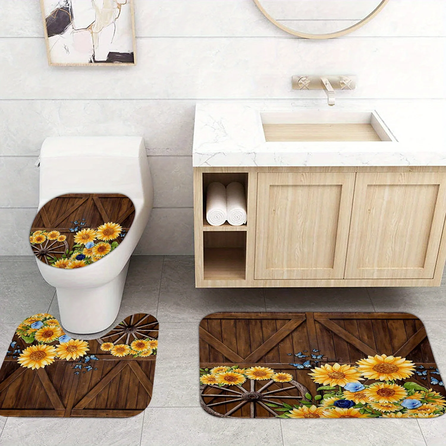 

3шт. ​ Набор винтажных ковриков для ванной с подсолнухом — нескользящий коврик для фермерского дома и чехол для декора ванной комнаты в деревенском стиле и веселый шарм ​