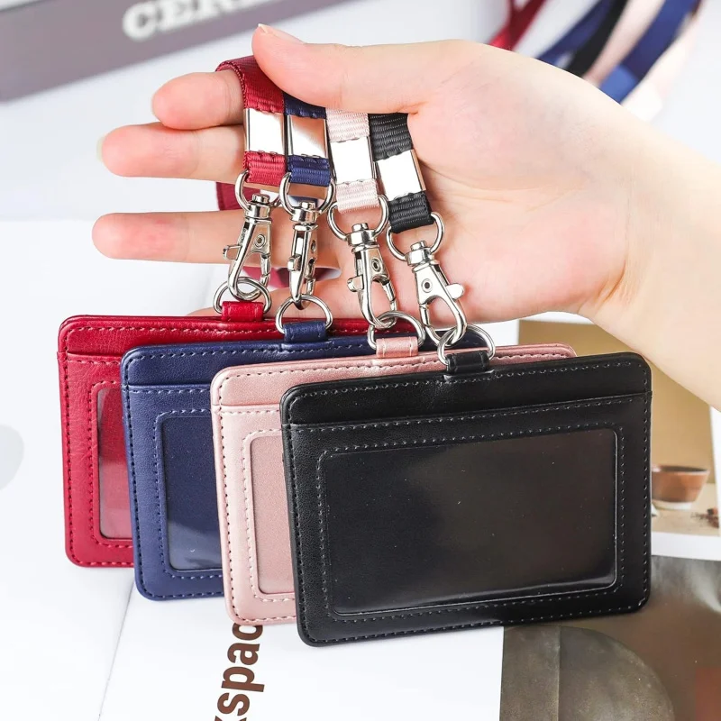Badge Holder with Lanyard, Leather ID Name Badge Card Holder with Lanyard for ID Badges, Horizontal Black