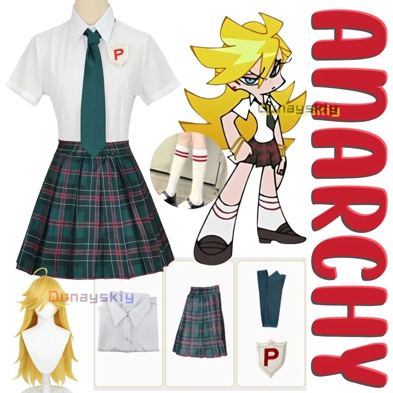 Anarquia cosplay calcinha & meia com cinta-liga calcinha traje peruca jk uniforme escolar gravata saia camisa branca acessórios de cabelo longo