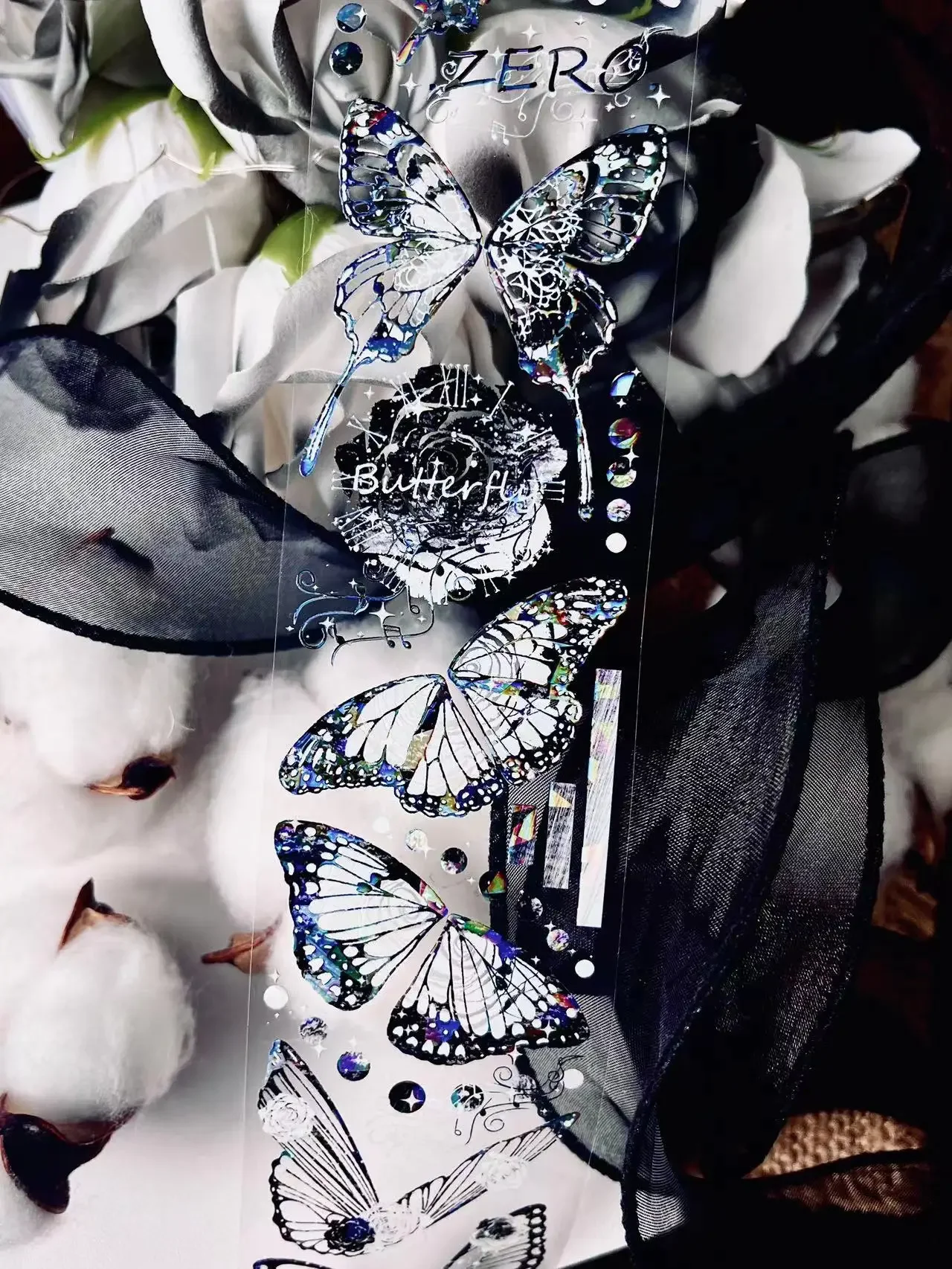 Vintage in bianco e nero farfalla Shell Light Shiny PET Tape Roll Card Making Collage Decoration