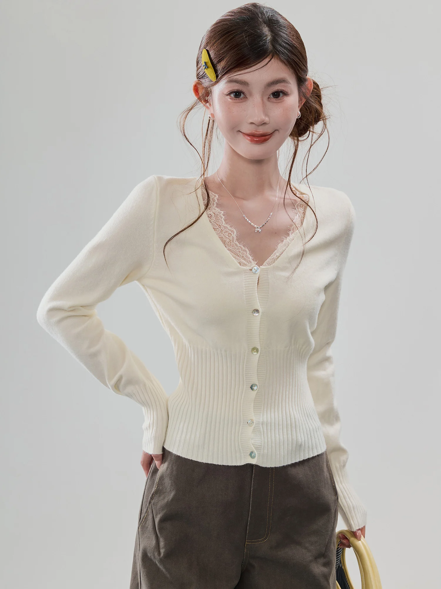 

Swee Lace V-Ne Long Sve Knitted Open Cardigan Women's Autumn Winter Slim Fit Top Faionable Versatile French Sle Kn...