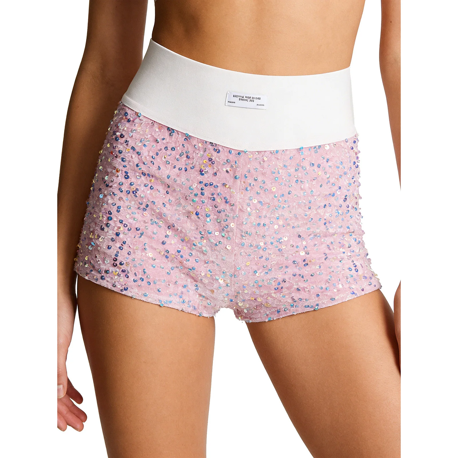 Pantaloni caldi da donna a vita alta con paillettes lucide Cintura elastica in velluto con pantaloncini completamente foderati con paillettes per feste di rave in discoteca