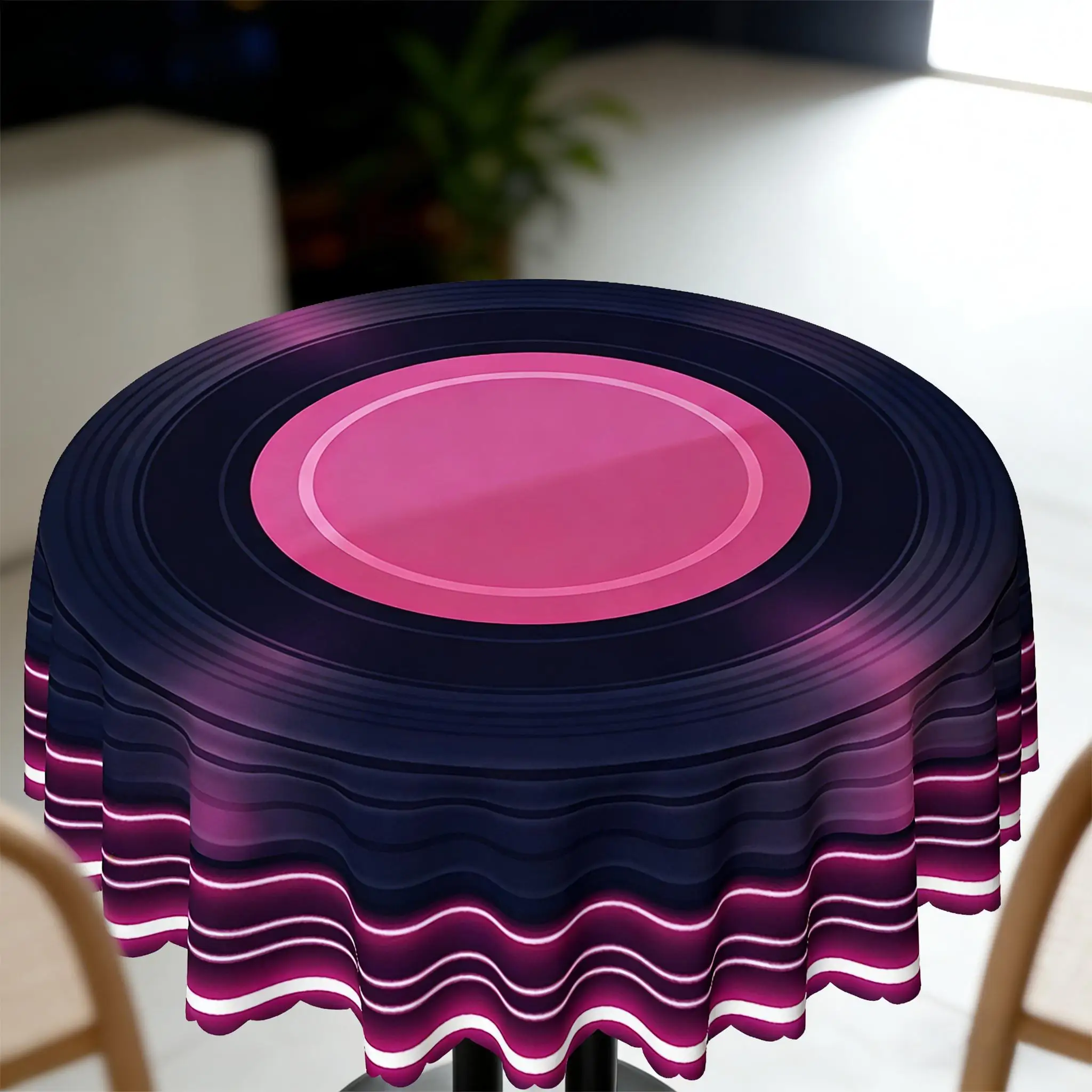 1pc Purple-Black Record Theme Round Tablecloth, with Cool Beats Pattern Design