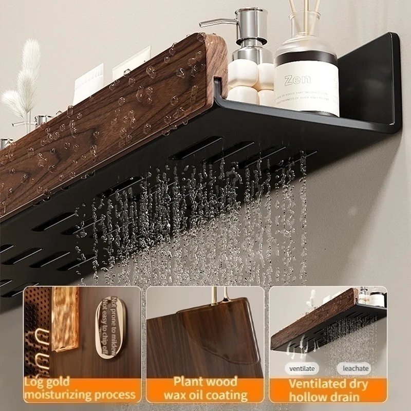 Punch-Free Removable Walnut Wood Wall Mounted Bathroom Storage Shelf, Multifunctional Upgraded Shower Organizer Rack